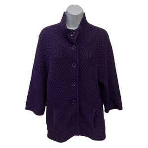 Talbots Womens Knit Cardigan Sweater Purple Button Front Mock Neck 3/4 Sleeve